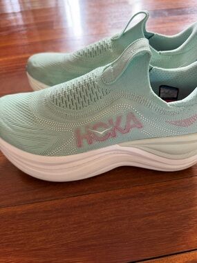 Hoka Women's Mint Green Slip-On Athletic Sneakers with Pink Logo